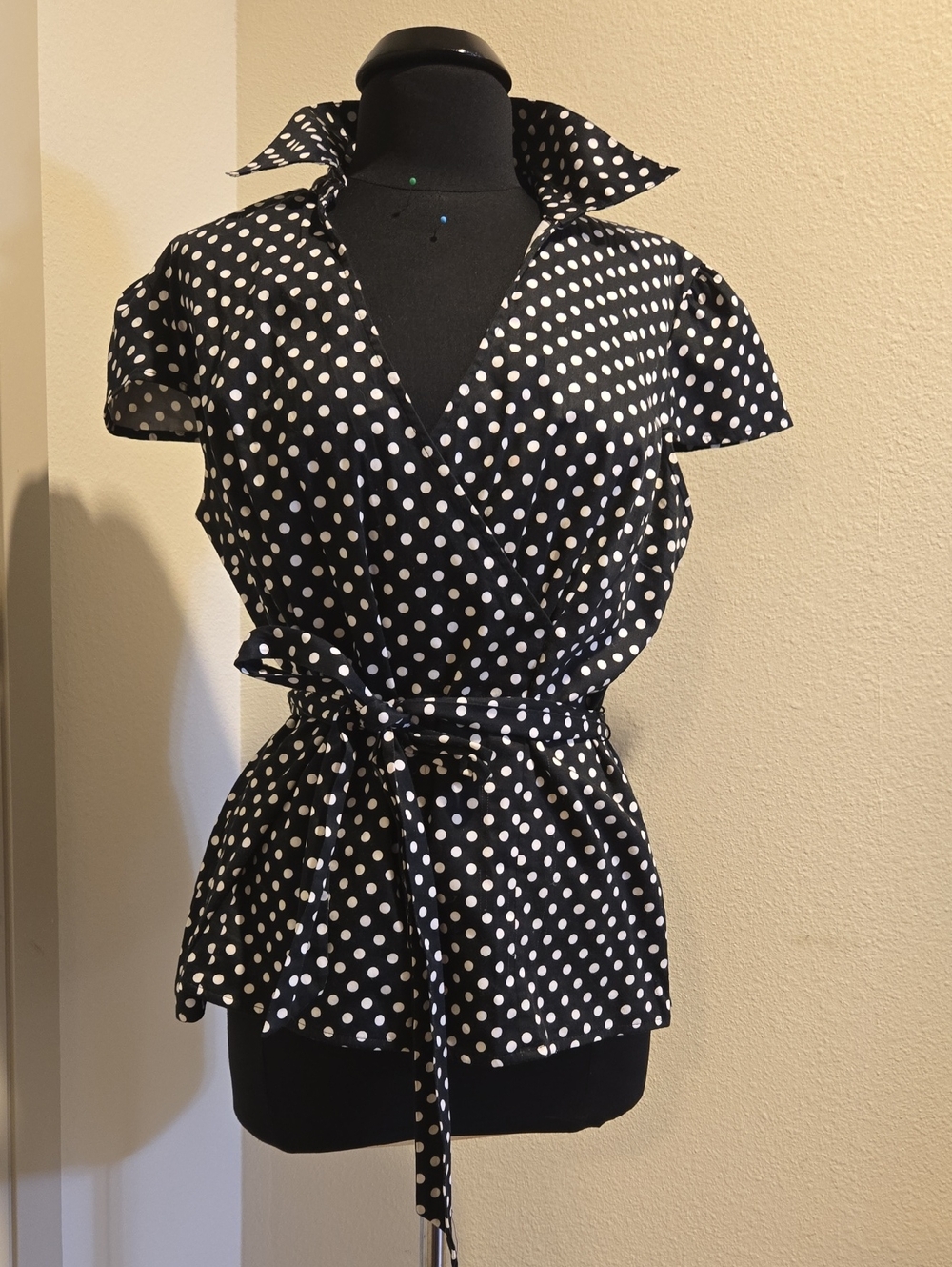 East 5th Black and White Polka Dot Wrap-Style Top